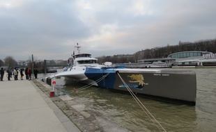 Le Brigitte Bardot, le trimaran de l'association Sea Sheperd, le 21 janvier 2015. Le bateau le plus rapide de l'ONG est en escale jusqu'au 12 février à Paris.