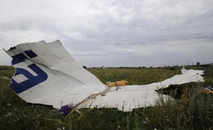 Un morceau de l'épave de l'avion de la Malaysia Airlines, à Shaktarsk en Ukraine, au lendemain de son crash le 18 juillet 2014