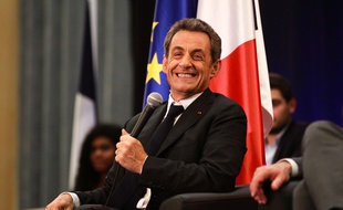 Former French President Nicolas Sarkozy who is a candidate for the leadership of the opposition rightist UMP party answers questions in the salle Jean Mermoz. On the stage is between Laurence Arribage deputy and Jean Luc Moudenc Mayor of Toulouse. Toulouse, FRANCE-8/10/14/SCHEIBER_822.34/Credit:FRED SCHEIBER/SIPA/SIPA/1410090837