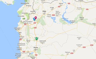 Carte de localisation d'Idleb (bleu), de Foua (en rouge) et de Hama (en vert).