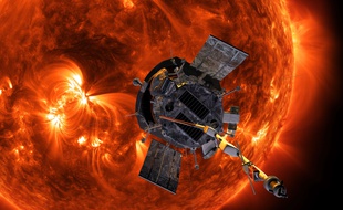 Vue d'artiste de la sonde Parker Solar Probe à l'approche du Soleil.
