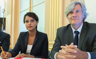 Najat Vallaud-Belkacem et Stéphane Le Foll, alors ministres, le 24 septembre 2016 lors d'une conférence de presse à Paris