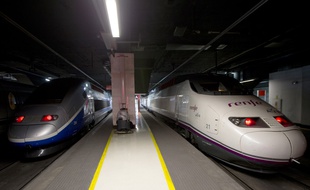 Un TGV de la compagnie française, la SNCF, à côté d'un train de l'entreprise espagnole Renfe à Barcelone, le 15 décembre 2013.