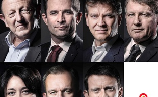 Les portraits des sept candidats de la primaire de la gauche Jean-Luc Bennahmias, Benoit Hamon, Arnaud Montebourg, Vincent Peillon, Sylvia Pinel, Francois de Rugy, et Manuel Valls.