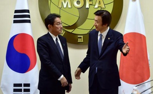 Les ministres japonais Fumio Kishida et sud-coréen des Affaires étrangères le 28 décembre 2015 à Séoul