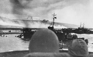 Des navires américains près d'Omaha Beach, le 6 juin 1944.