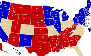 En bleu les Etats sûrs pour les démocrates, en rouge pour les républicains, en beige, les fameux swing states
