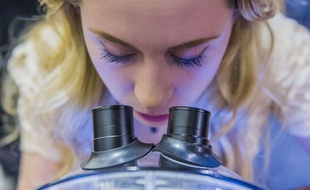 Illustration: une femme regarde dans un microscope.
