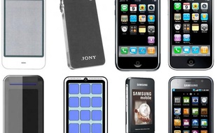 En haut, l'évolution d'Apple: le concept Purple (2005), le prototype «Jony» (2006), l'iPhone (2007) et l'iPhone 3G (2008). En bas, celle de Samsung: les prototypes Slide et IReen (2006), l'Ultra F500 (fin 2006, avant l'iPhone) puis le Galaxy S (2010).