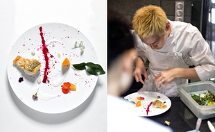 Le chef japonais Kei Kobayashi prépare une assiette de bar aux agrumes dans son restaurant Kei