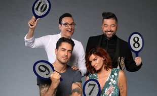 De g. à dr. et du 2e plan au 1er plan : Jean-Marc Généreux, Chris Marques, Nicolas Archambault et Fauve Hautot, jurés de la saison 8 de «Danse avec les stars».