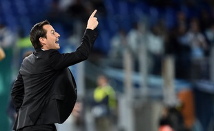 Julien Stéphan, entraîneur du Stade Rennais, ici lors du match de Ligue Europa à Rome face à la Lazio, le 4 octobre 2019.