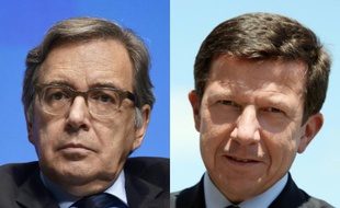 Photo-montage de portraits de Nonce Paolini (g), PDG sortant de TF1 et son successeur Gilles Pélisson, ancien patron d'Eurodisney, Accor et Bouygues Telecom