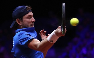 Lucas Pouille lors de la finale de la Coupe Davis contre Marin Cilic, le 25 novembre 2018 à Lille.