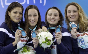 Les Françaises Coralie Balmy, Mylène Lazare, Charlotte Bonnet et Camille Muffat aux Mondiauxï, en 2013 à Barcelone