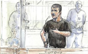 Croquis d'audience représentant Yvan Colonna lors de son procès en appel, à Paris le 4 mai 2011