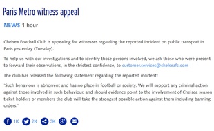 Chelsea a lancé un appel à témoins sur son site pour retrouver les supporters qui ont empêché une personne noire de monter dans le métro parisien avant PSG-Chelsea, le 17 février 2015.