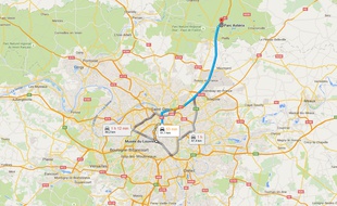 Trajet entre le Parc d'attractions Astérix et le musée du Louvre de Paris.