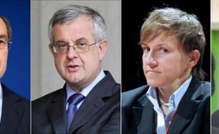 Un montage photo du 3 juin 2015 réunissant des anciens secrétaires généraux de l'Elysée sous Nicolas Sarkozy, Claude Guéant (G) et Xavier Musca, l'ex-directrice de cabinet, Emmanuelle Mignon (C) et le conseiller elyséen Jean-Michel Goudard (D)
