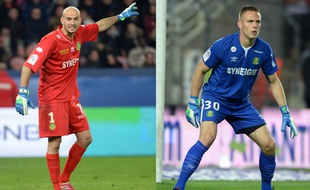 Les gardiens de but du FC Nantes Rémy Riou (à gauche) et Maxime Dupé (à droite).