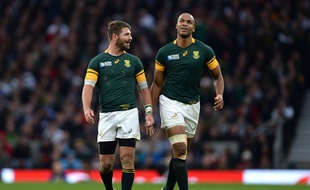 Willie le Roux (à gauche) et JP Pietersen, respectivement arrière et ailier des Sharks, sous le maillot de l'Afrique du Sud lors de la demi-finale de Coupe du monde contre la Nouvelle-Zélande, le 24 octobre 2015 à Twickenham.