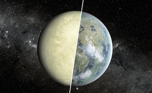 Vue d'artiste comparant une planète de type «super-Vénus» et de type «super-Terre»
