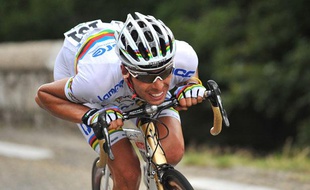 Le coureur Italien de l'équipe BMC, Alessandro Ballan, à l'époque sous les couleurs de la Lampre, le 24 juillet 2009 pendant le Tour de France.