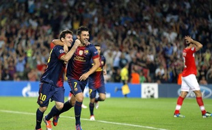 Lionel Messi et David Villa célèbrent un but de l'Argentin face au Spartak Moscou, le 19 septembre 2012 au Camp Nou.