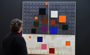 En février 2013, une femme admire l'oeuvre «Senegalés» («Ambivalence») de Jesus Rafael Soto, au Centre Beaubourg, à Paris.