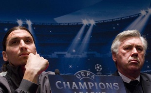 L'attaquant du PSG, Zlatan Ibrahimovic et son entraîneur Carlo Ancelotti, à la veille du match de Ligue des champions contre le Barça, à Paris, le 1er avril 2013.