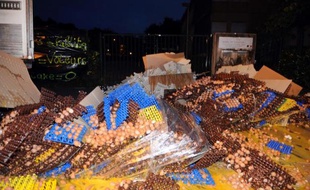 Des oeufs jetés par des producteurs sur le trottoir devant le bâtiment de l'administration fiscale à Carhaix le 7 août 2013