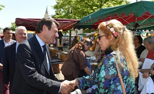 Christian Estrosi (g), maire de Nice et candidat UMP aux régionales de décembre, en campagne sur un marché du Pontet, dans le Vaucluse, le 28 mai 2015
