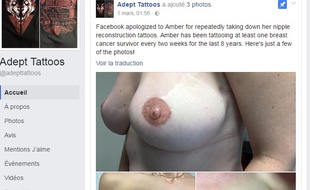 Capture d'écran de la page Adept Tatoos, qui dévoile le travail d'Amber Thorpe qui tatoue des mamelons pour des femmes qui ont souffert d'un cancer du sein.