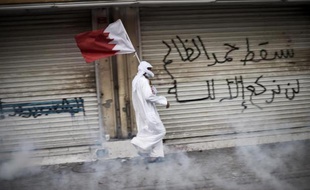 Un manifestant tient le drapeau du Bahreïn dans le village de Bilad al-Qadeem près de Manama, le 28 janvier 2015