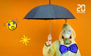 Illustration d'une personne portant un masque, se protégeant avec un parapluie