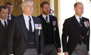 Les princes Andrew, Harry et Edward lors des funérailles du prince Philip