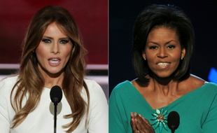Photo montage de Melania Trump (g), femme de Donald Trump, s'adressant à la convention républicaine à Cleveland, et de Michelle Obama, le 25 août 2008 à la convention démocrate pour l'investiture de son mari