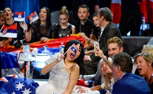 Dami Im, représentante de l'Australie à l'Eurovision 2016, lors de la demi-finale du 12 mai à l'Ericsson Globe Arena.