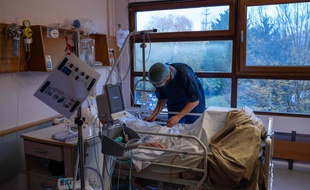 Un médecin examine un patient positif au Covid-19 à l'hôpital Emile Muller de Mulhouse.