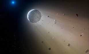 Vue d'artiste de la destruction d'une planète naine par l'étoile WD1145+017.