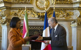 Le ministre français des Affaires étrangères Laurent Fabius et la ministre sud-africaine de l'énergie Tina Joemat-Petterson signent un accord à Paris le 14 octobre 2014