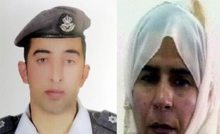 Montage en date du 28 janvier 2015 de portraits du pilote jordanien Maaz al-Kassasbeh et de l'Irakienne Sajida al-Rishawi