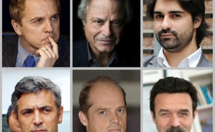 Un montage photo réalisé le 29 mars 2013, avec (g-d, du haut vers le bas) Hervé Gattegno (Le Monde), Franz-Olivier Giesbert (Le Point), Fabrice Arfi (Mediapart), l'ex-majordome Pascal Bonnefoy, Fabrice Lhomme (Mediapart) et Edwy Plenel (Mediapart)