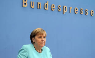 La chancelière Angela Merkel lors d'une conférence presse à Berlin, jeudi 22 juillet 2021.