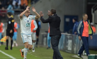 Florian Thauvin et Franck Passi lors de la victoire de l'OM face à Sochaux en Coupe de France, le 20 avril 2016.
