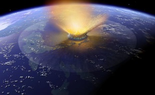 Vue d'artiste de l'impact survenu il y a 65 millions d'années ayant causé le cratère de Chicxulub et sans doute provoqué l'extinction des dinosaures.