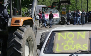 Une manifestation contre la réintroduction de l'ours dans les Pyrénées, à Bagnères-de-Luchon, le 30 avril 2006