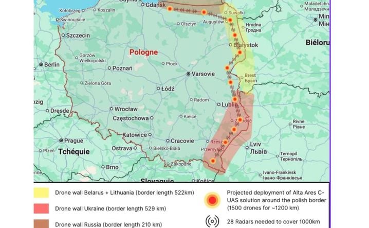 Carte illustrant un Dôme tactique de protection (DTP) d'Alta Ares, qui comprendrait des drones intercepteurs et pourrait être mis en œuvre le long de la frontière polonaise.