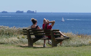 Un couple regarde la mer. Illustration.