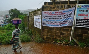 Une femme passe devant des panneaux de sensibilisation à l'épidémie d'Ebola à Freetown, en Sierra Leone, le 13 août 2014